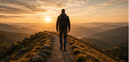 Leader walking toward a mountain overlook