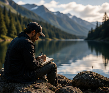 Leader journaling near a quiet lake